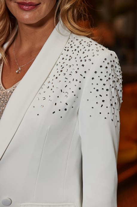 Winter White Premium Glittering Jewel Embellished Blazer - Image 5