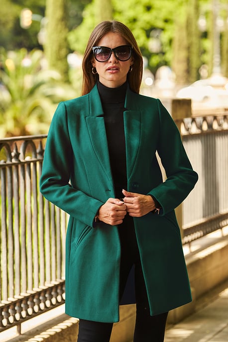 Green Faux Wool Notch Neck Coat - Image 5