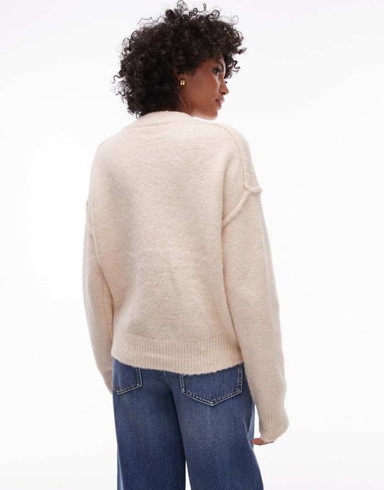 Topshop knitted relaxed exposed seam crew cardi with pockets in cream - Image 2