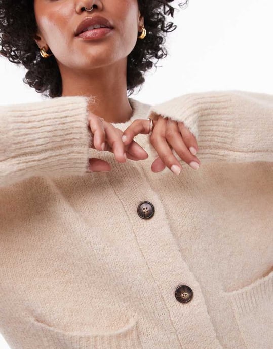 Topshop knitted relaxed exposed seam crew cardi with pockets in cream - Image 3