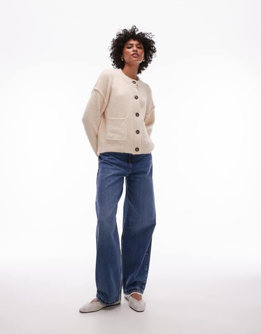 Topshop knitted relaxed exposed seam crew cardi with pockets in cream - Image 4