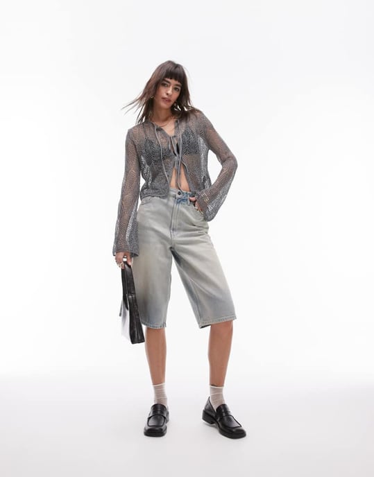 Topshop knitted tie front cardi in charcoal - Image 2