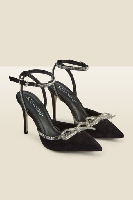 Black Suede Diamante Bow Trim Ankle Strap Court Shoe - Image 1