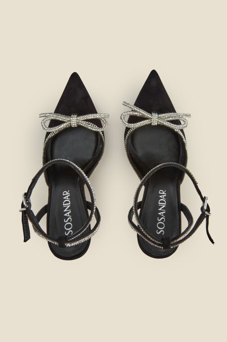 Black Suede Diamante Bow Trim Ankle Strap Court Shoe - Image 3