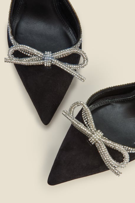 Black Suede Diamante Bow Trim Ankle Strap Court Shoe - Image 4