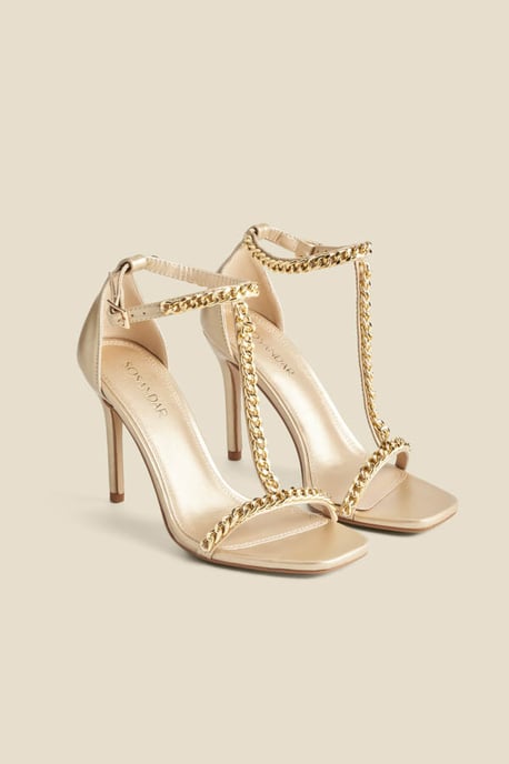 Gold Chain Detail Square Toe Stiletto Heel Sandals - Image 1