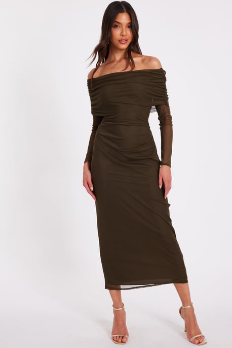 Khaki Mesh Bardot Ruched Midi Dress - Image 1