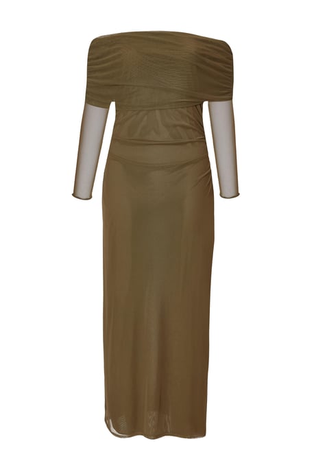 Khaki Mesh Bardot Ruched Midi Dress - Image 2