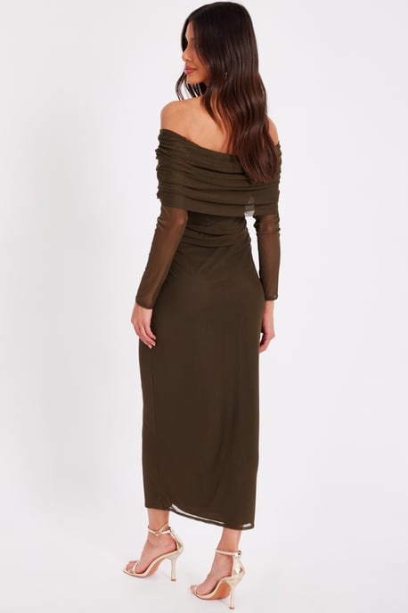 Khaki Mesh Bardot Ruched Midi Dress - Image 3