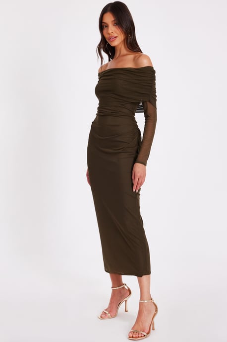 Khaki Mesh Bardot Ruched Midi Dress - Image 4