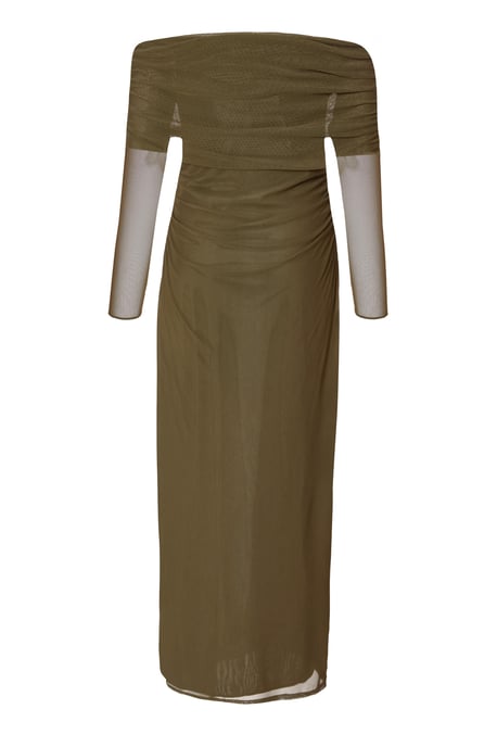 Khaki Mesh Bardot Ruched Midi Dress - Image 5