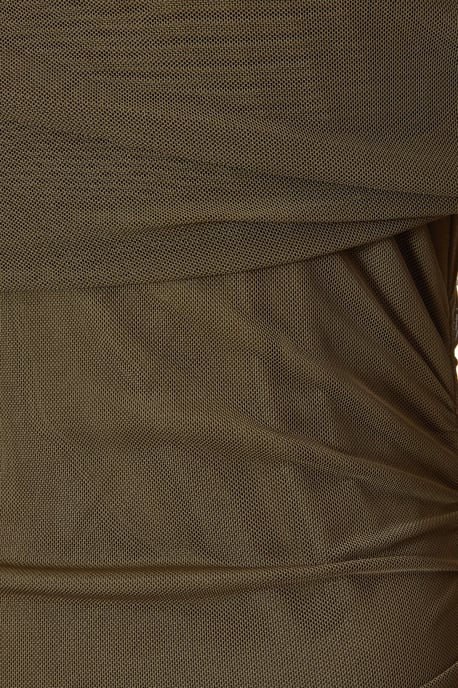 Khaki Mesh Bardot Ruched Midi Dress - Image 6