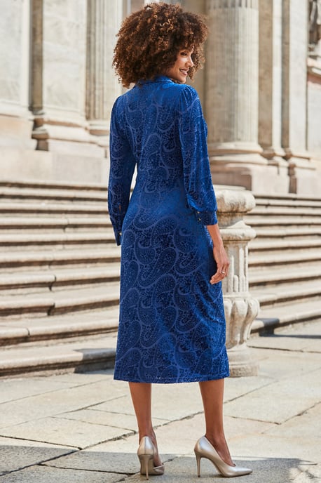 Sapphire Blue Velvet Paisley Devoré Shirt Dress - Image 3
