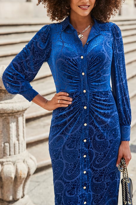 Sapphire Blue Velvet Paisley Devoré Shirt Dress - Image 5
