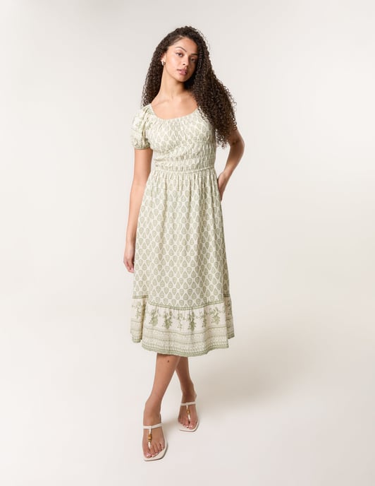 Border Print Puff Sleeve Midi Dress - Image 1