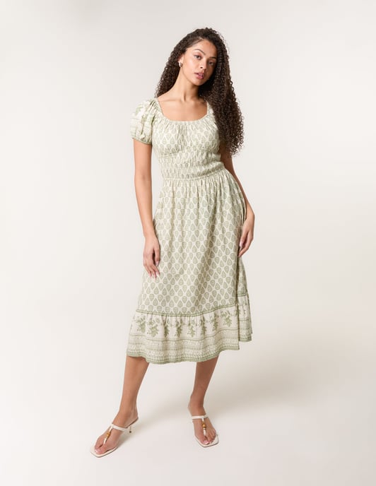 Border Print Puff Sleeve Midi Dress - Image 3