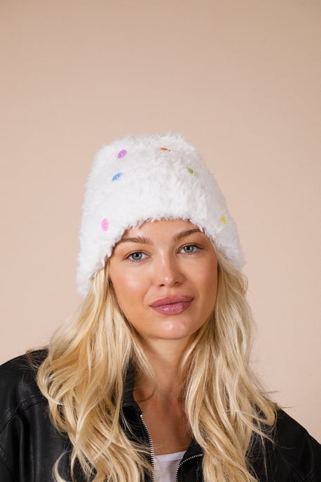 Fluffy Beanie with Multicolour Buttons - Image 1