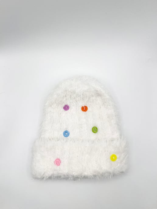 Fluffy Beanie with Multicolour Buttons - Image 2