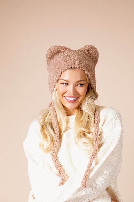 Beanie With Bear Ears In Beige - Image 2