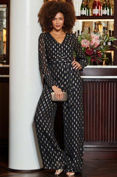Black & Gold Spot Print Wide Leg Jumpsuit - Image 1