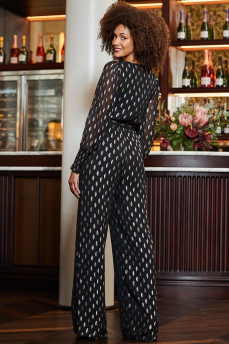 Black & Gold Spot Print Wide Leg Jumpsuit - Image 3