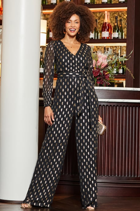 Black & Gold Spot Print Wide Leg Jumpsuit - Image 4