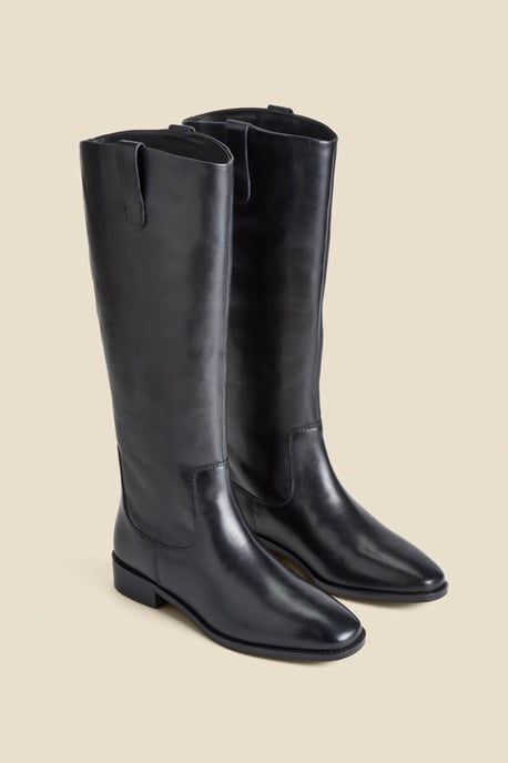 Black Square Toe Flat Leather Boots - Image 1