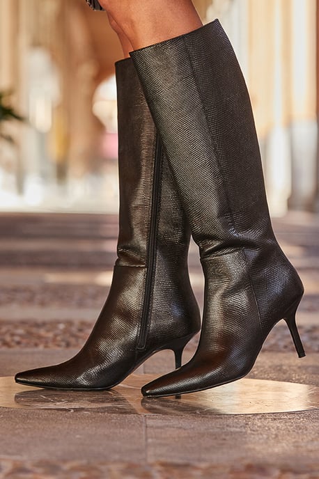 Black Leather Square Toe Knee High Boot - Image 2