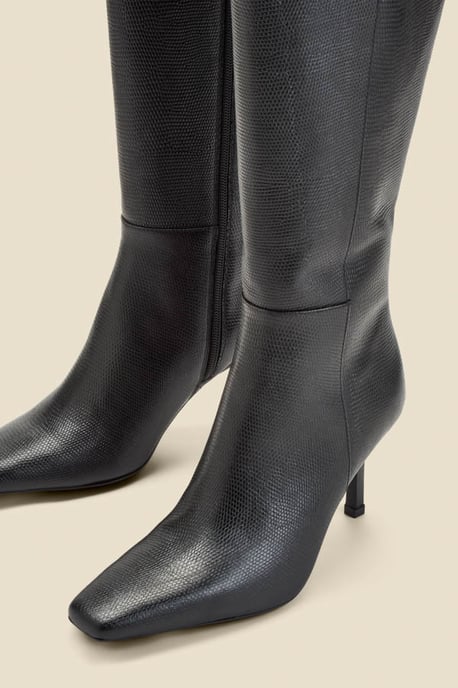 Black Leather Square Toe Knee High Boot - Image 5