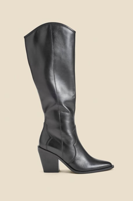 Black Leather Western Stack Heel Boots - Image 2