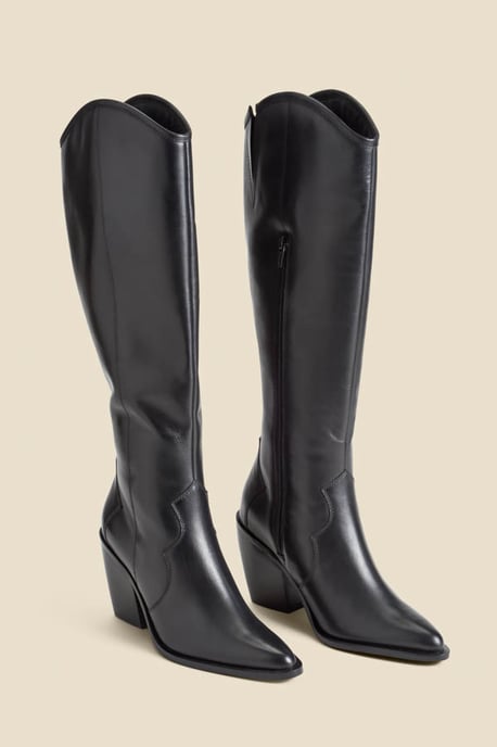 Black Leather Western Stack Heel Boots - Image 3