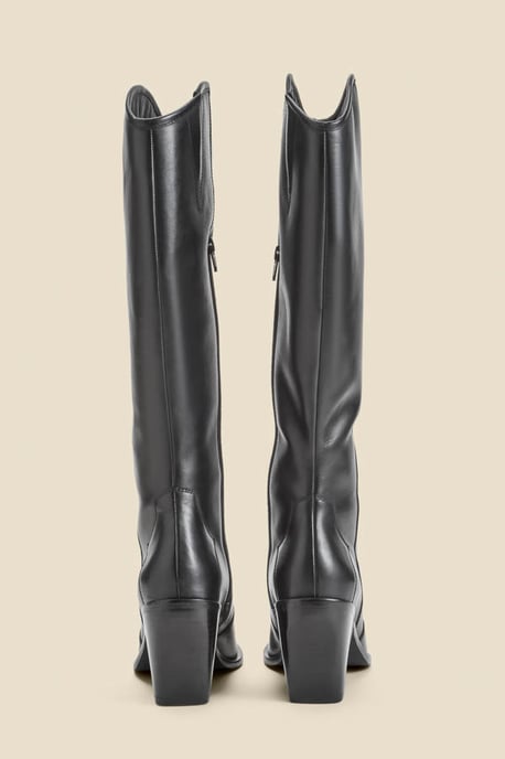 Black Leather Western Stack Heel Boots - Image 4
