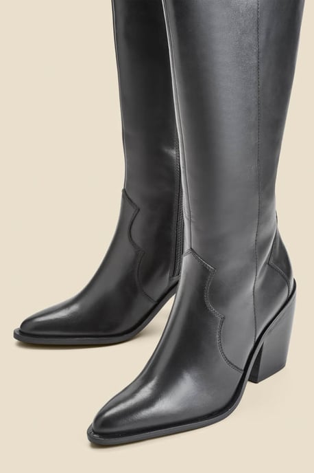 Black Leather Western Stack Heel Boots - Image 5