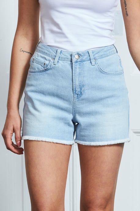 Light Wash Raw Edge Denim Shorts - Image 3