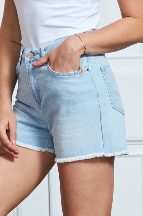 Light Wash Raw Edge Denim Shorts - Image 4