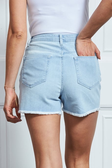 Light Wash Raw Edge Denim Shorts - Image 5