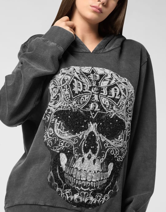 Tvättad Hoodie med Barock Dödskalle - Image 3