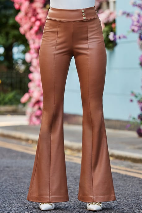Tan Button Detail Flared Faux Leather Trousers - Image 2