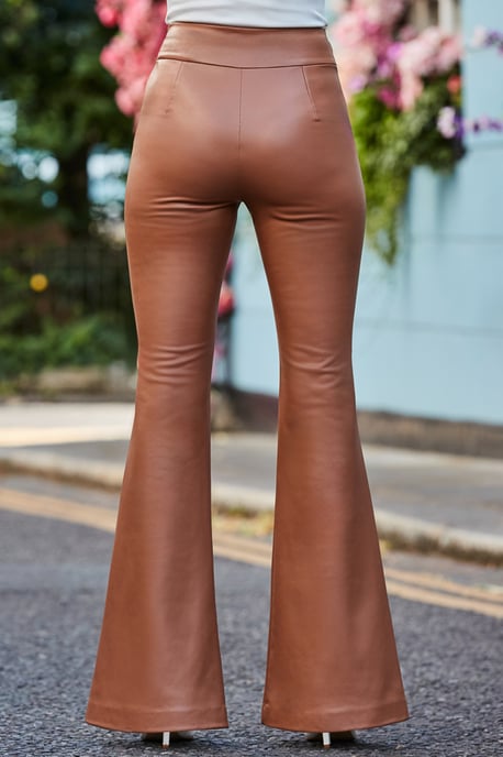 Tan Button Detail Flared Faux Leather Trousers - Image 5