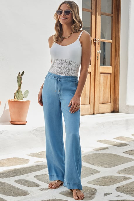 Light Wash Denim Drawstring Wide Leg Trousers With Pocket Detail - Image 1