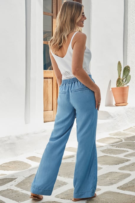 Light Wash Denim Drawstring Wide Leg Trousers With Pocket Detail - Image 3