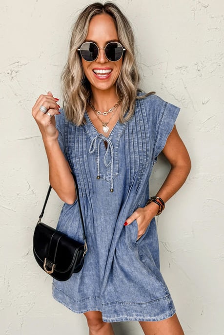 Denim Dress Casual Tieneck Mini - Image 4