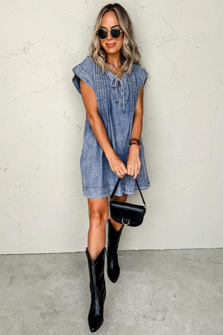Denim Dress Casual Tieneck Mini - Image 5