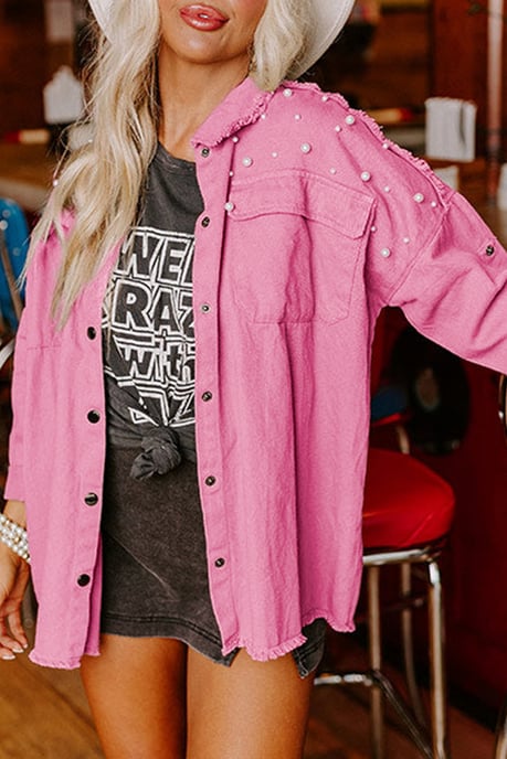Pearl Denim Jacket Frayed Hem - Image 1