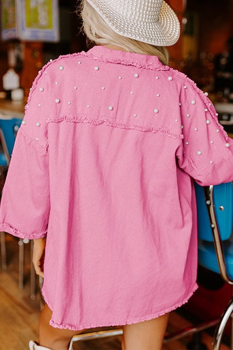 Pearl Denim Jacket Frayed Hem - Image 3