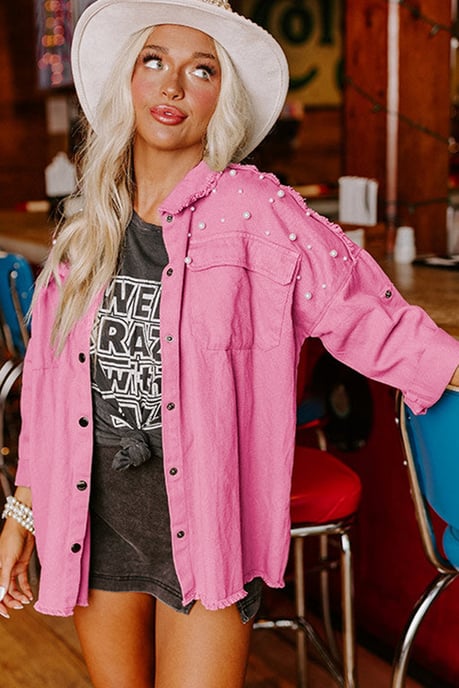 Pearl Denim Jacket Frayed Hem - Image 4