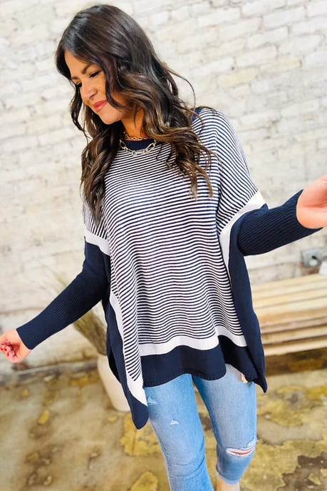 Gestreepte Poncho Met Lange Mouwen Trui - Image 2