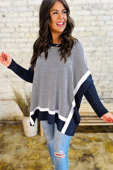 Gestreepte Poncho Met Lange Mouwen Trui - Image 3