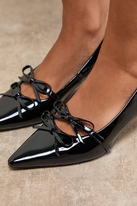 Rita Faux Patent Leather Double Bow Mary Jane Kitten Heel Court Shoes - Image 3