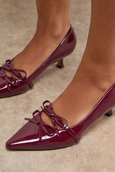 Rita Faux Patent Leather Double Bow Mary Jane Kitten Heel Court Shoes - Image 3
